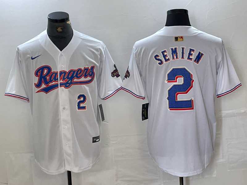 Mens Texas Rangers #2 Marcus Semien Number White 2023 World Series Champions Cool Base Jersey